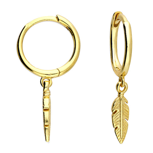 Gold hoop earrings with feather charms on a white background