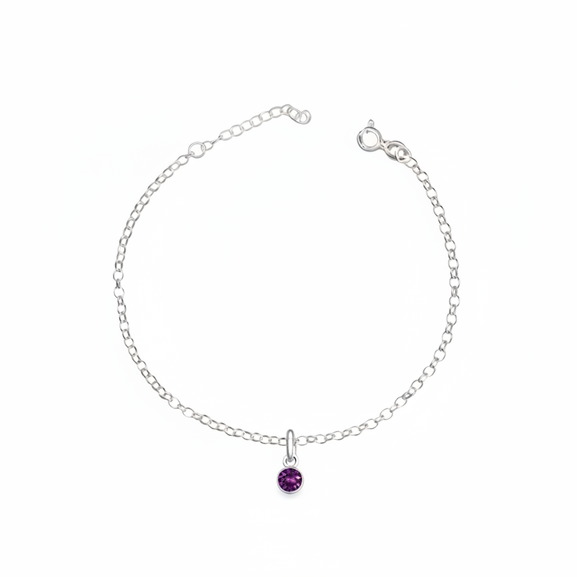 Silver bracelet with a purple gemstone on a white background