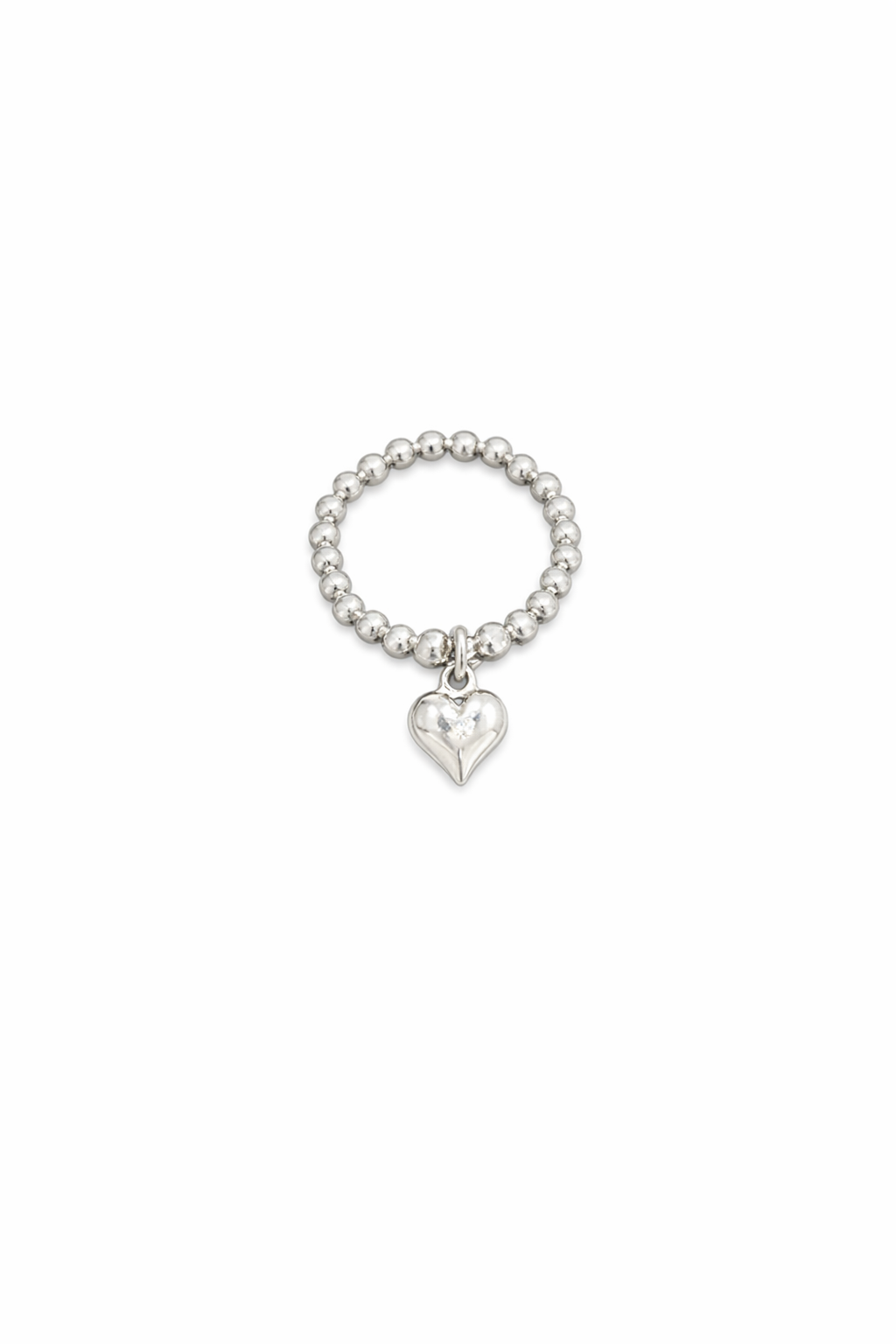 Silver beaded ring with a heart charm on a white background