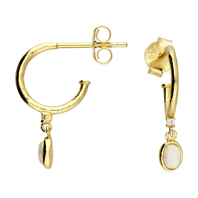 Gold plated hoop earrings with opal and diamond drops on a white background