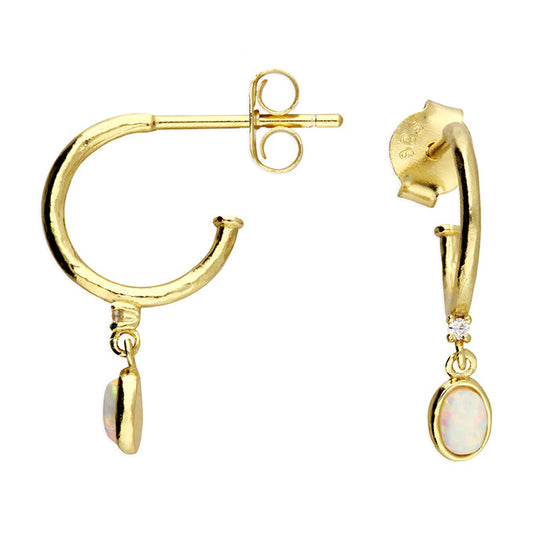 Gold plated hoop earrings with opal and diamond drops on a white background