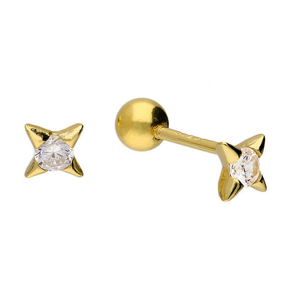 Gold cartilage earring with star-shaped design and clear gemstones on a white background