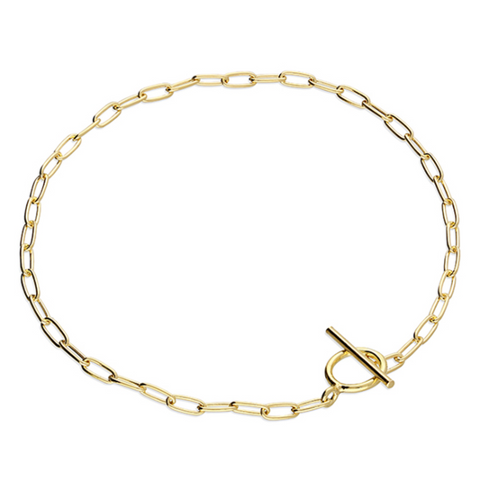 Gold chain teeny trace necklace with a clasp on a white background