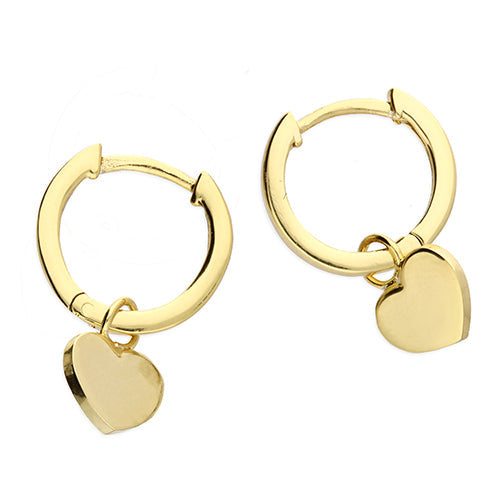 Gold hoop earrings with heart pendants on a white background