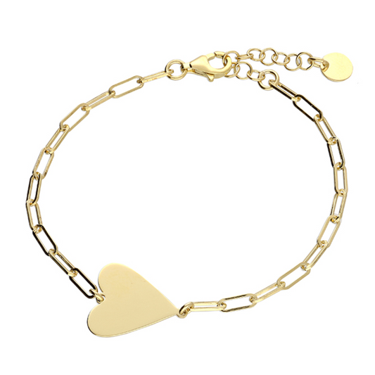 Gold heart paperclip bracelet on a white background 