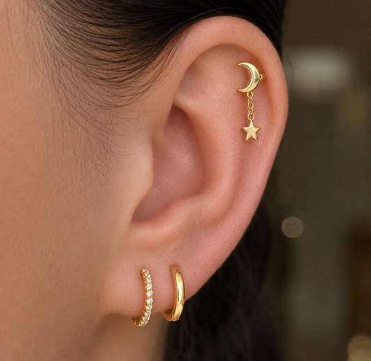 Moon & Star Chain Flat Back Cartilage Stud