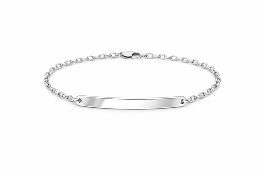 Silver identity personalised bracelet on a white background