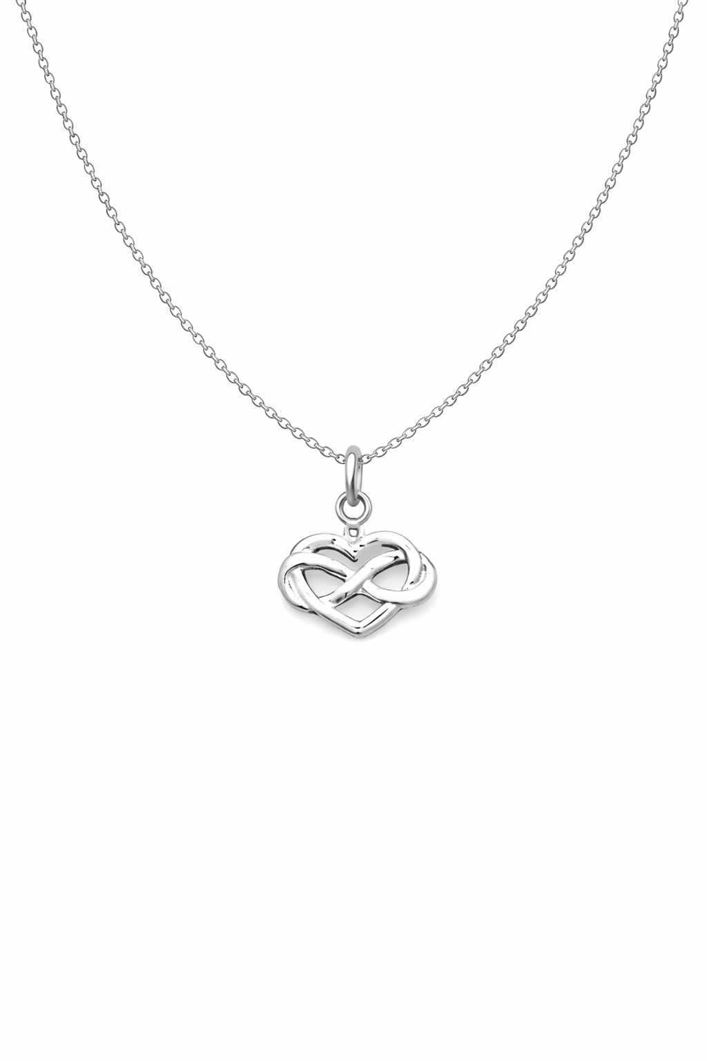 Silver necklace with a infinity heart pendant on a white background