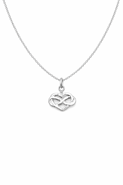 Silver necklace with a infinity heart pendant on a white background