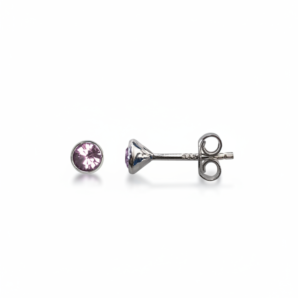 Pair of stud earrings with purple gemstones on a white background