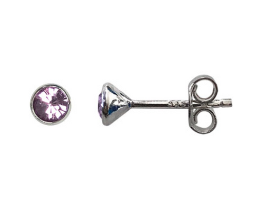 Pair of stud earrings with purple gemstones on a white background