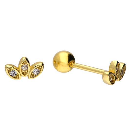 Gold earrings with diamond accents on a white background