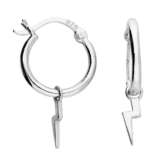 Silver hoop earrings with lightning bolt charms on a white background