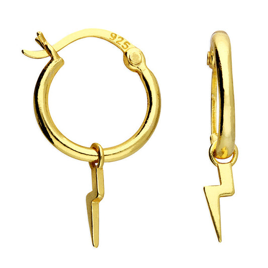 Gold plated lightening bold charm hoops on with background 