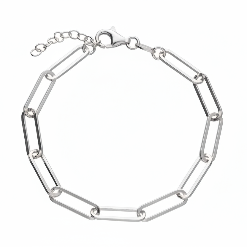 A silver paperclip chain bracelet with a lobster clasp and extender chain, displayed on a clean white background.