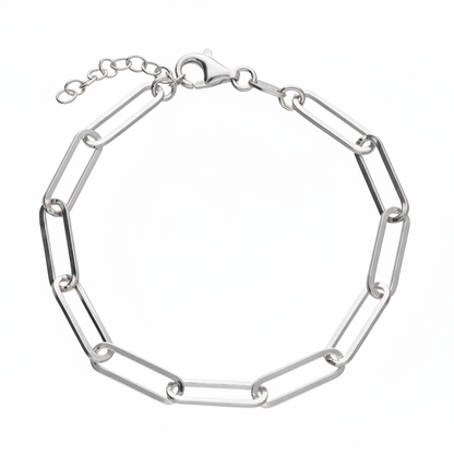 A silver paperclip chain bracelet with a lobster clasp and extender chain, displayed on a clean white background.