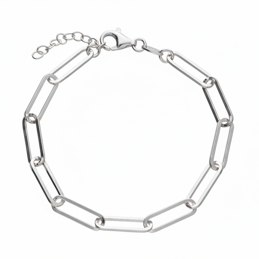 A silver paperclip chain bracelet with a lobster clasp and extender chain, displayed on a clean white background.