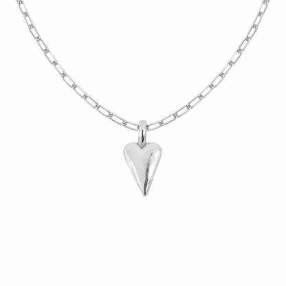 Silver necklace with a heart-shaped pendant on a white background