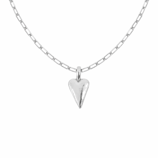 Silver necklace with a heart-shaped pendant on a white background