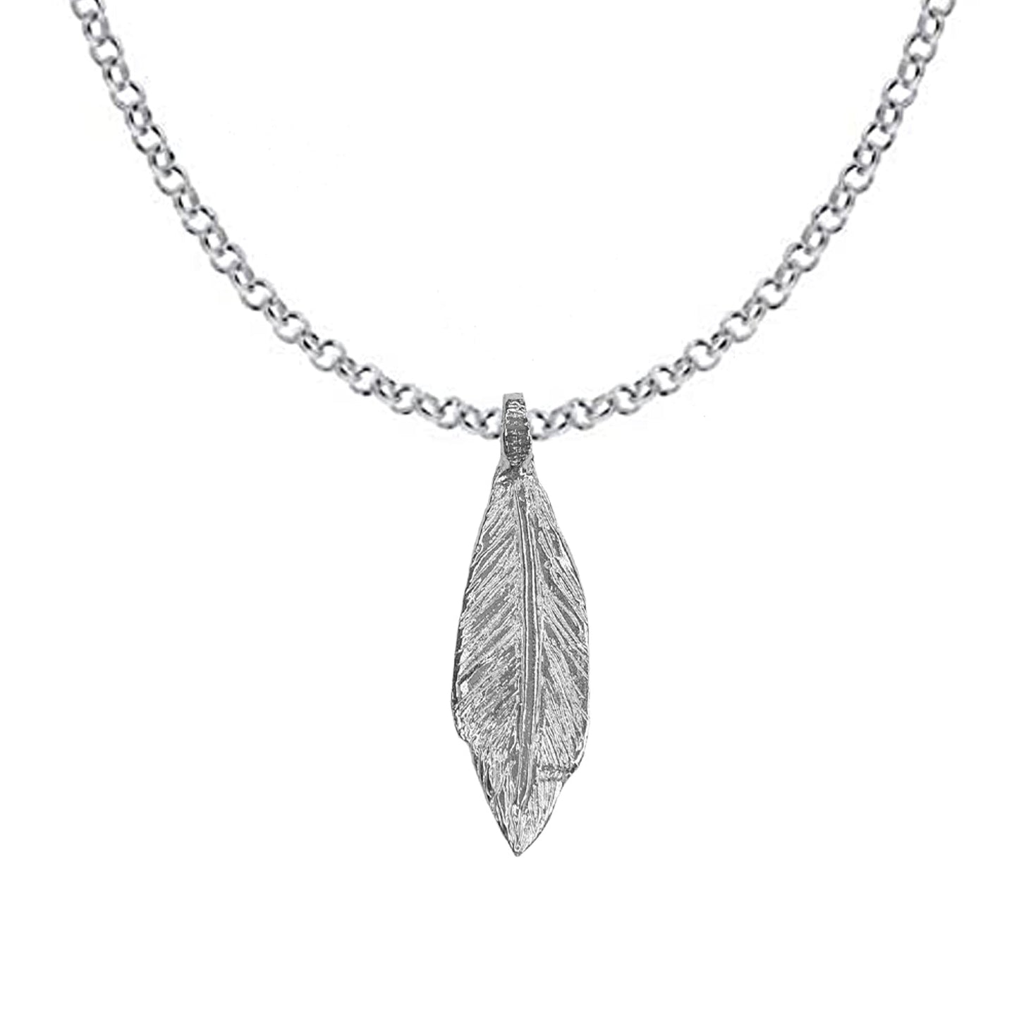 A silver feather necklace with a Belcher chain on a white background.