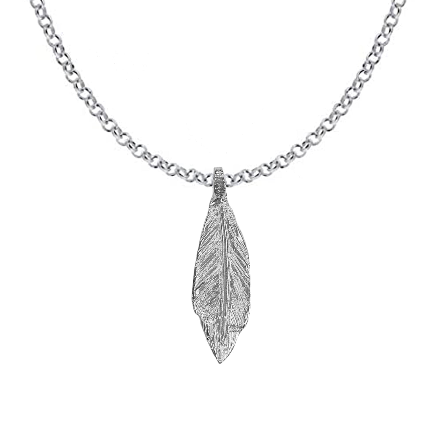 A silver feather necklace with a Belcher chain on a white background.