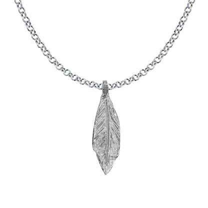 A silver feather necklace with a Belcher chain on a white background.