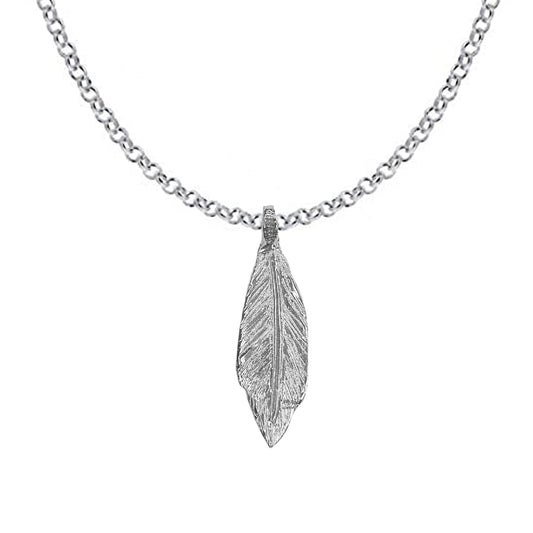 A silver feather necklace with a Belcher chain on a white background.