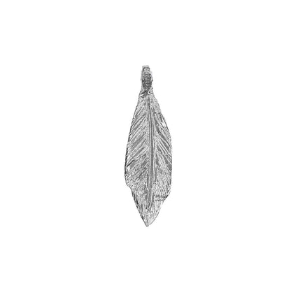 Silver feather-shaped pendant on a white background