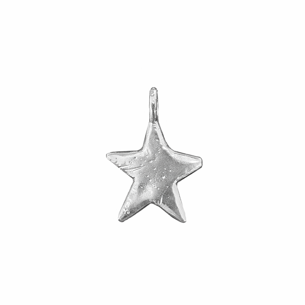 Silver star-shaped pendant on a white background