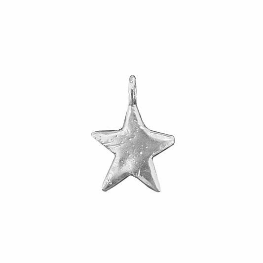 Silver star-shaped pendant on a white background