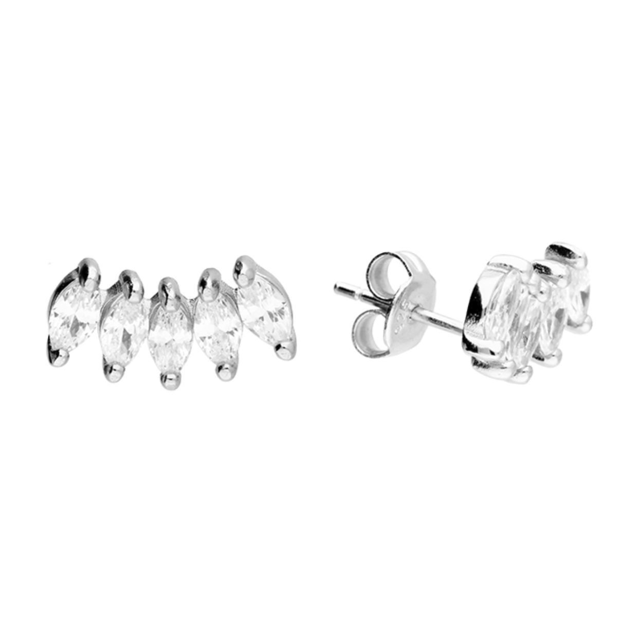 Pair of silver ear climber earrings with clear gemstones on a white background