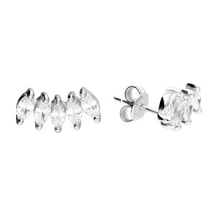 Pair of silver ear climber earrings with clear gemstones on a white background