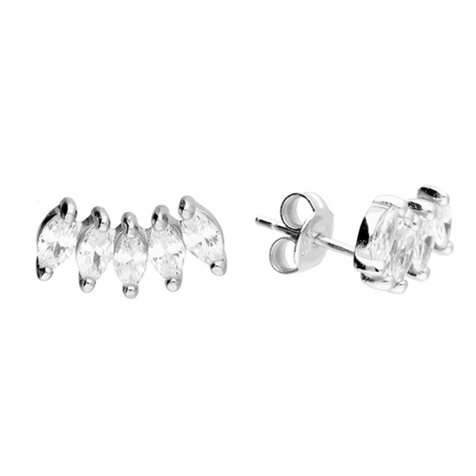 Pair of silver ear climber earrings with clear gemstones on a white background