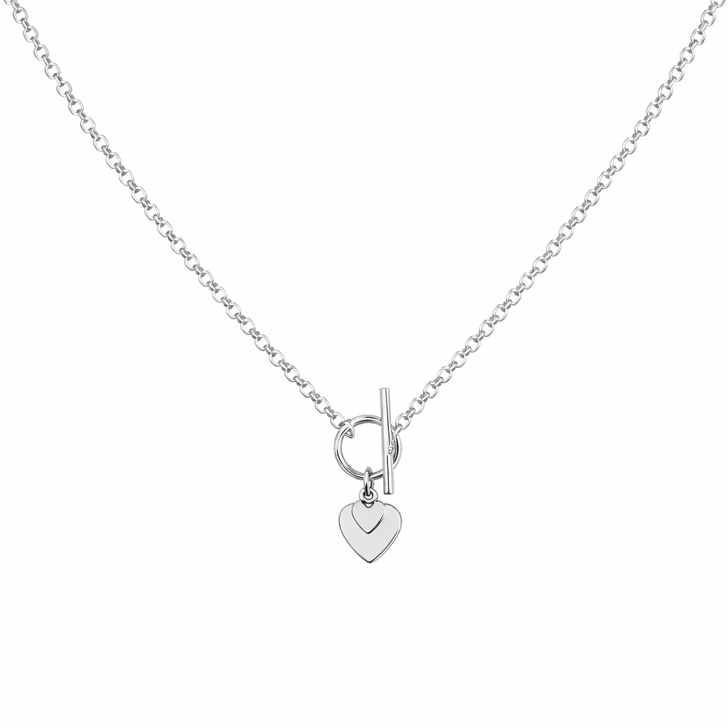 Silver necklace with a heart-shaped pendant on a white background