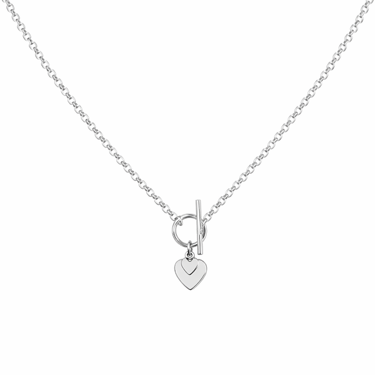 Silver necklace with a heart-shaped pendant on a white background