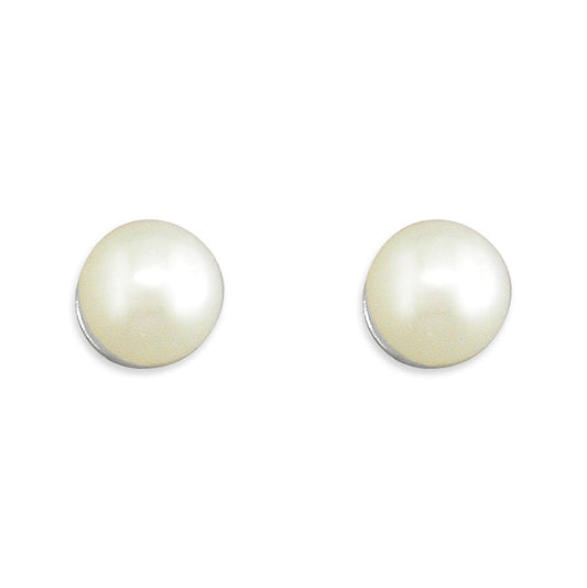 Pair of pearl stud earrings on a white background