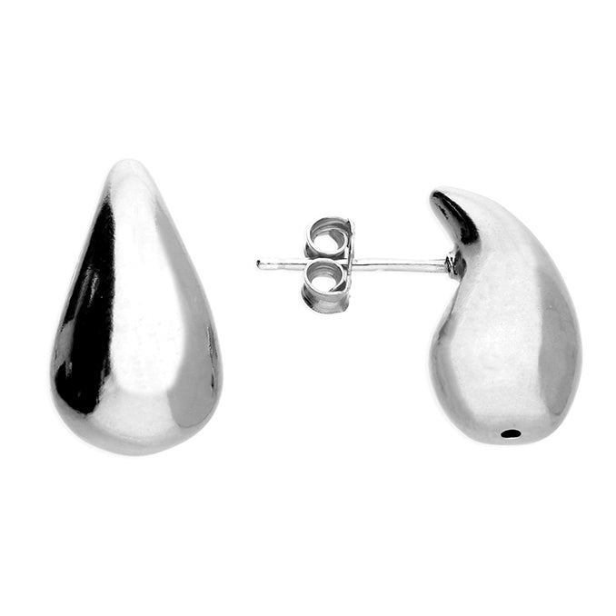 Pair of silver teardrop-shaped earrings on a white background