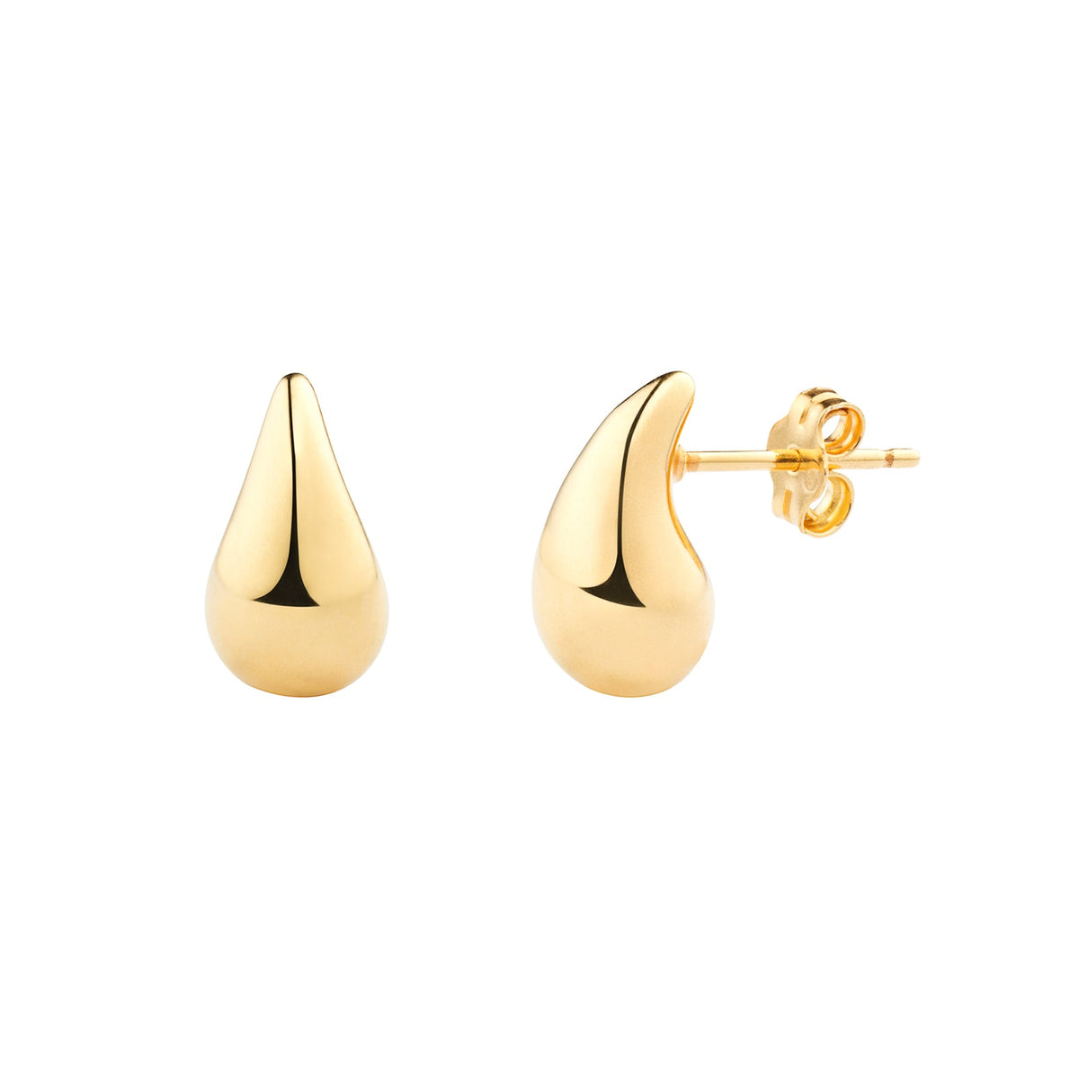 Gold teardrop earrings on a white background