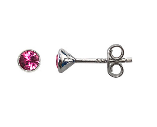 Pair of pink gemstone stud earrings on a white background