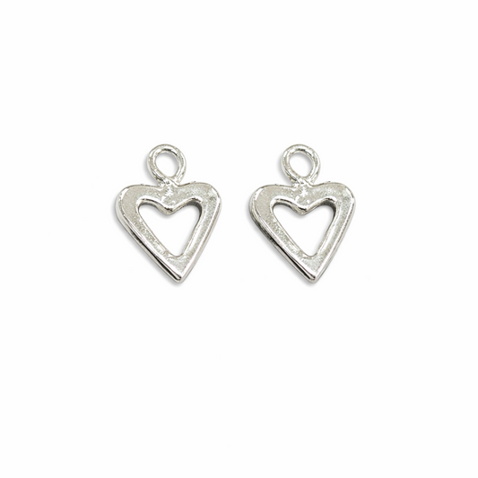 Silver open heart hoop charm on white background 