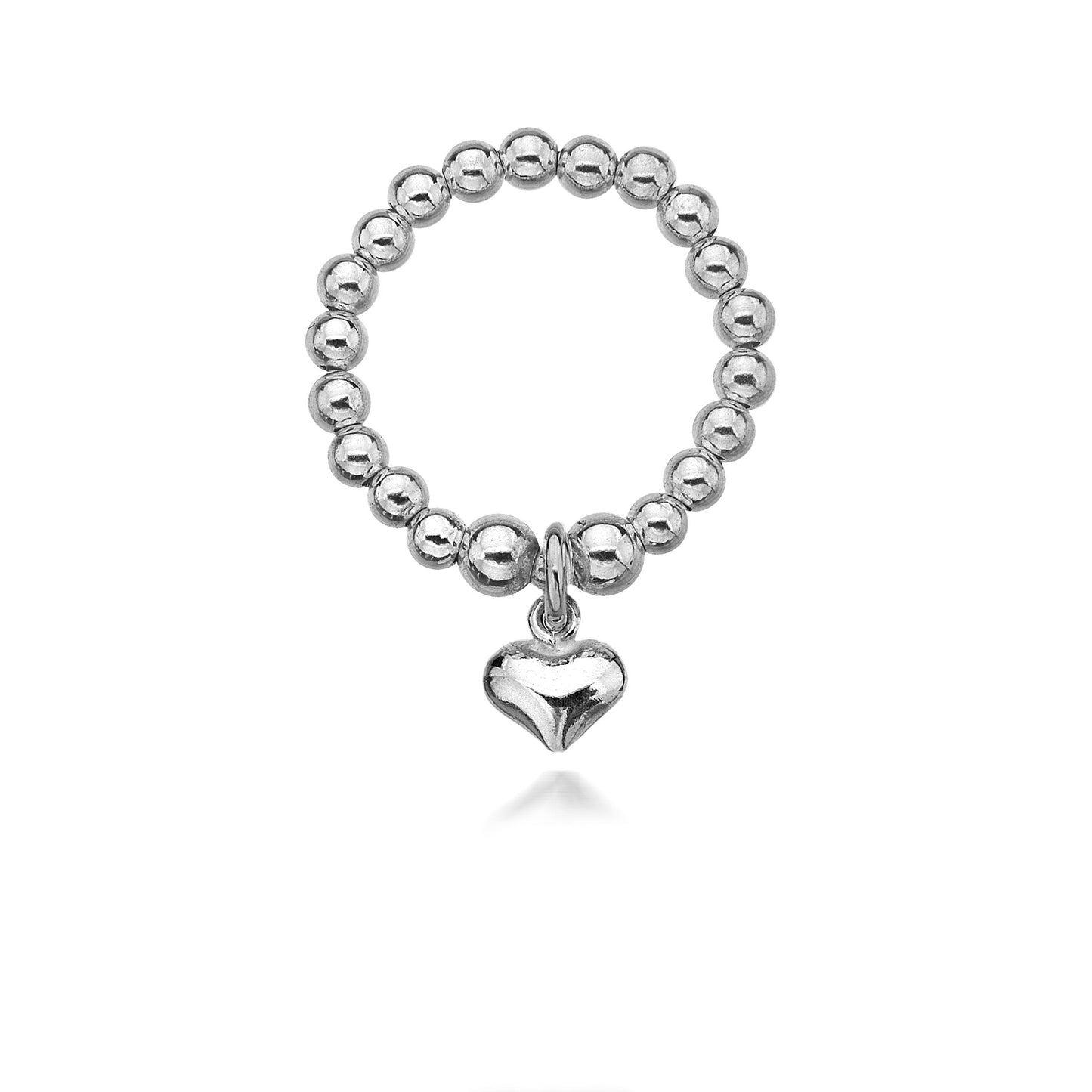 Silver beaded ring with a heart charm on a white background