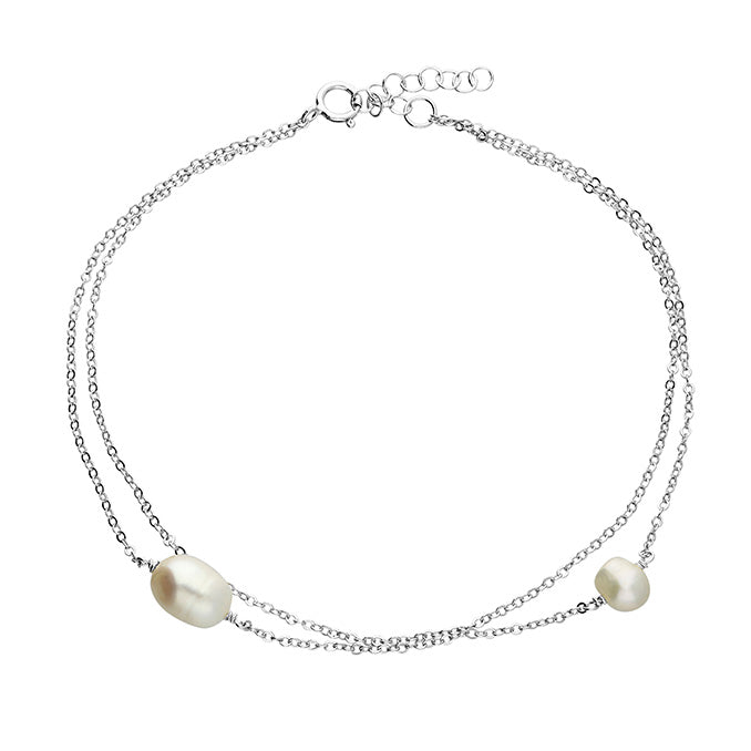 Silver anklet with two pearls on a white background