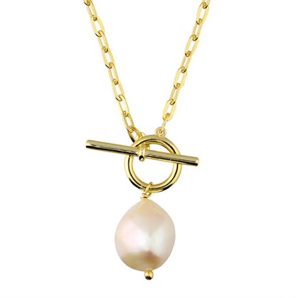Gold necklace with a pearl pendant on a white background