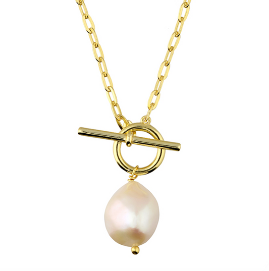 Gold necklace with a pearl pendant on a white background