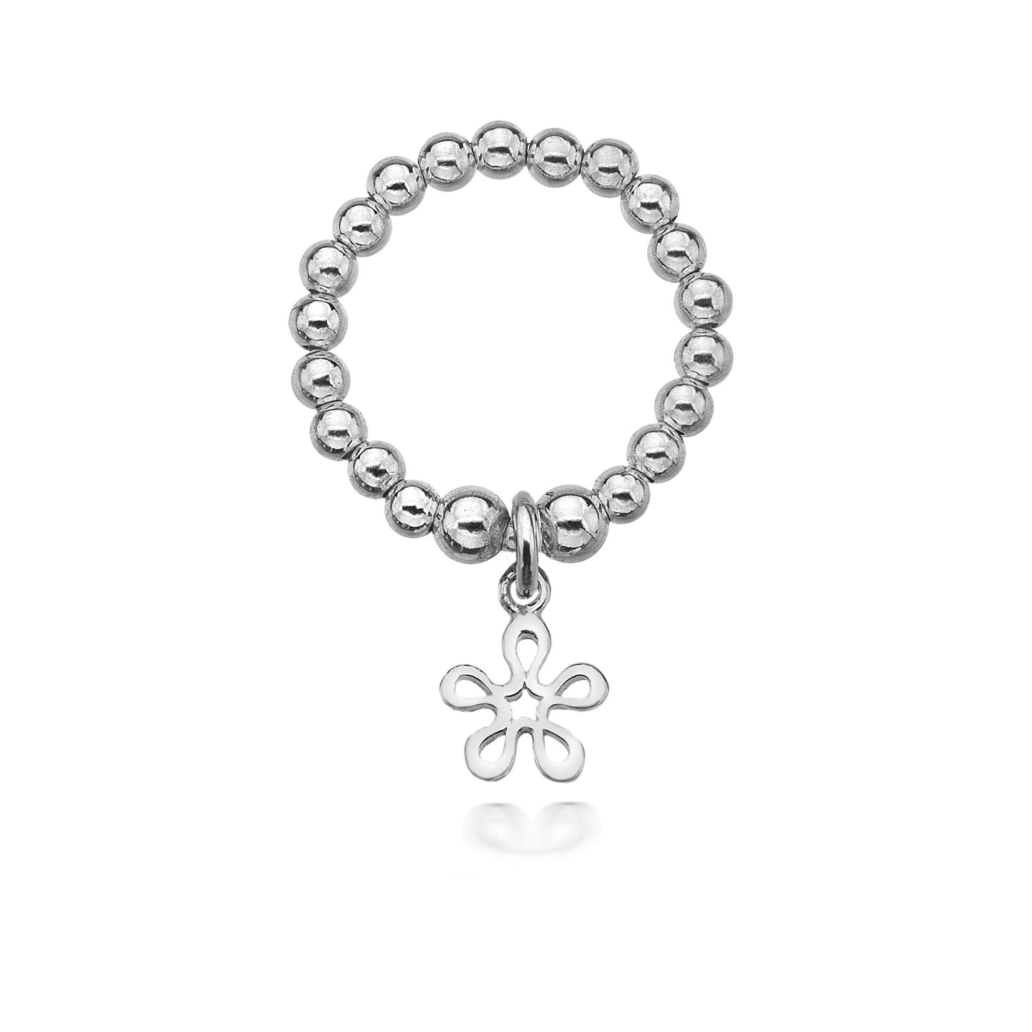 Silver beaded ring with a floral charm on a white background