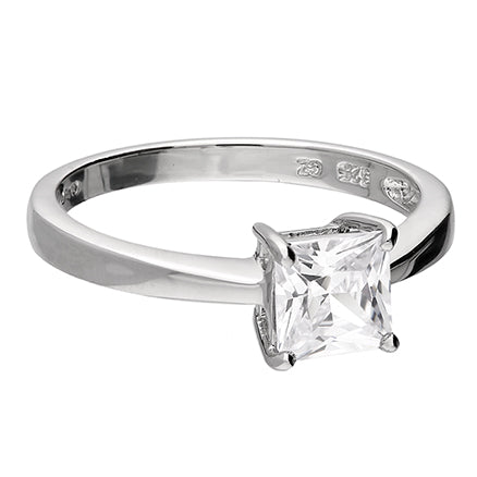 Silver ring with a princess-cut diamond on a white background
