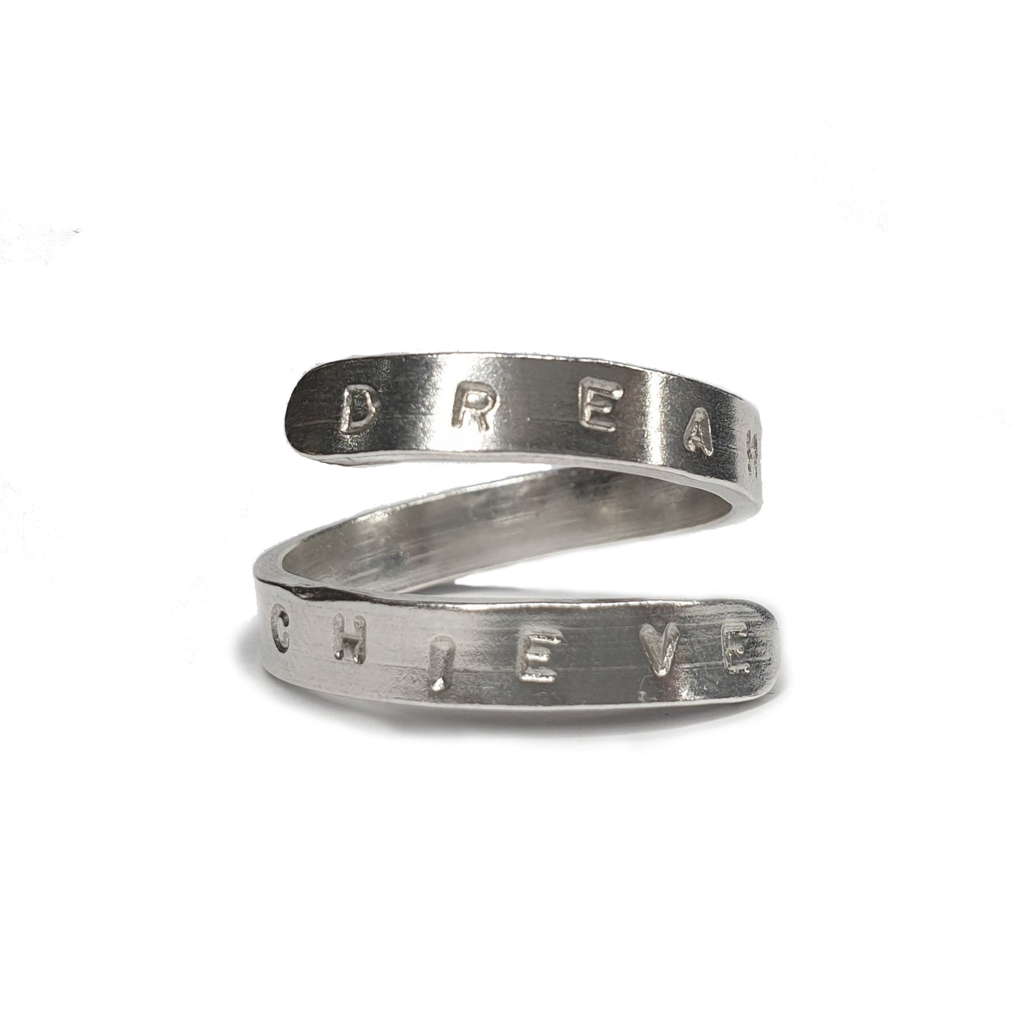 Silver Personalised wrap ring on a white background 
