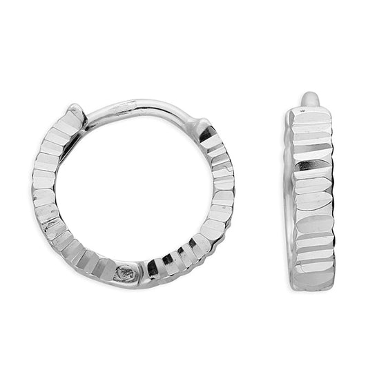 Silver hoop earrings with a textured design on a white background