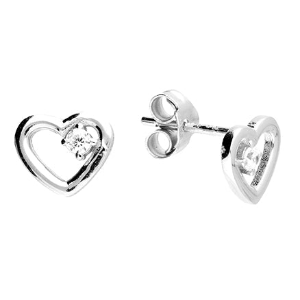 Heart-shaped silver earrings with a  gemstone on a white background