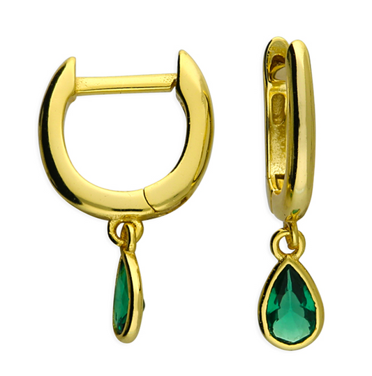 Emerald Green Huggie Hoops | 14ct Gold Plated